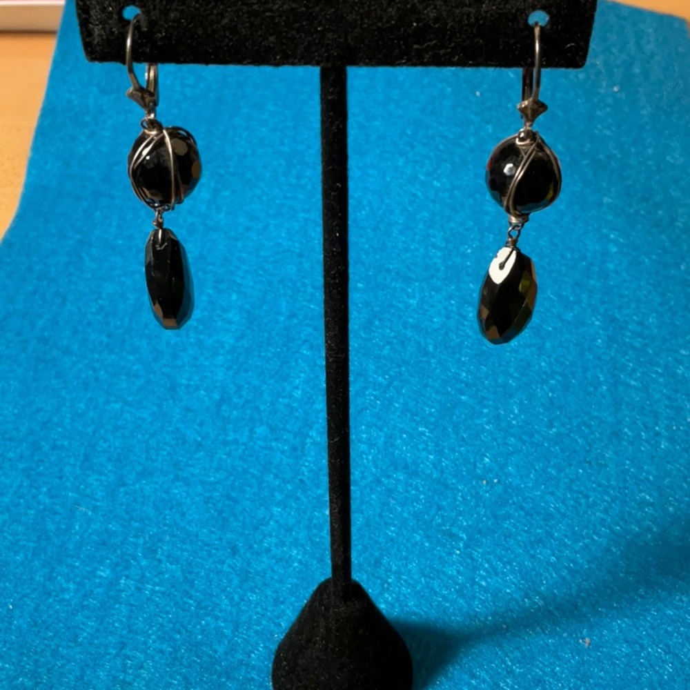 925 sterling and black onyx dangle earrings wrapped in 925 - Picture 2 of 7